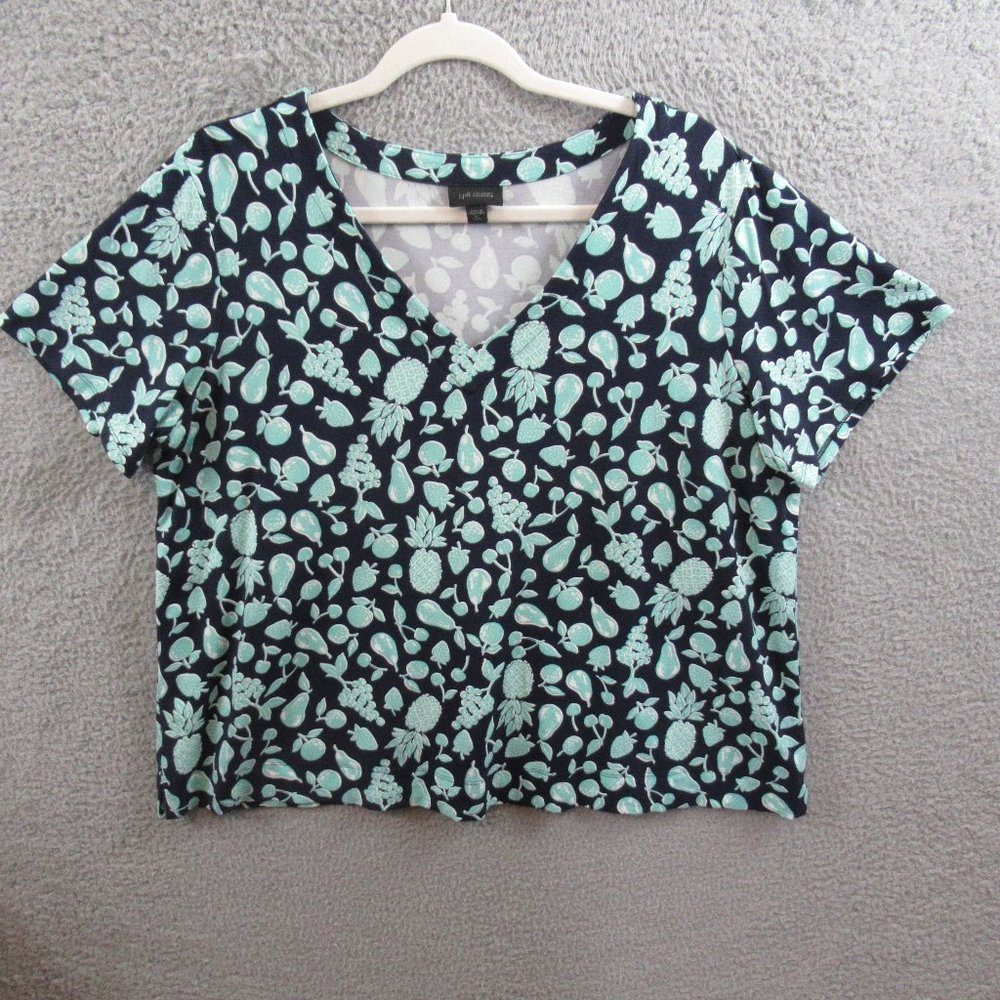 J. Jill Womens Shirt Extra Large Petite Black Fruit Short Sleeve V Neck Stretch